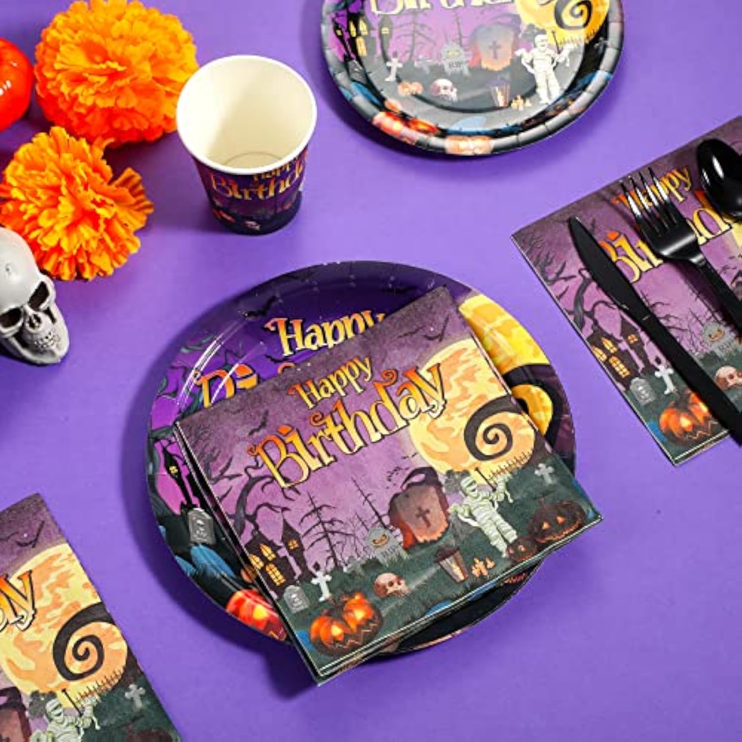 Halloween Party Tableware Set for 25 – Kids’ Birthday Plates, Cups & Utensils, Disposable Decor