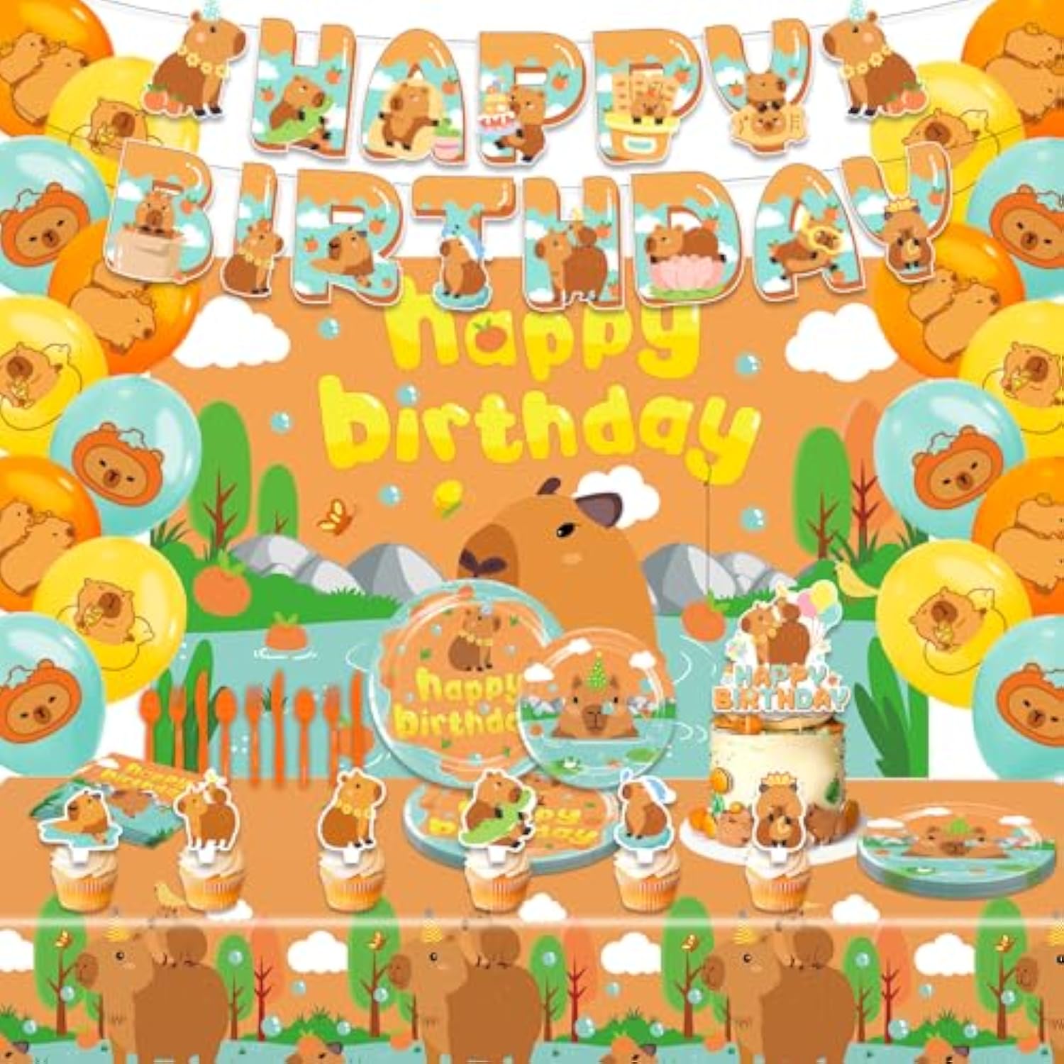 Capybara Party Decor Supplies Balloons Backdrop Banner Cake Toppers Tableware