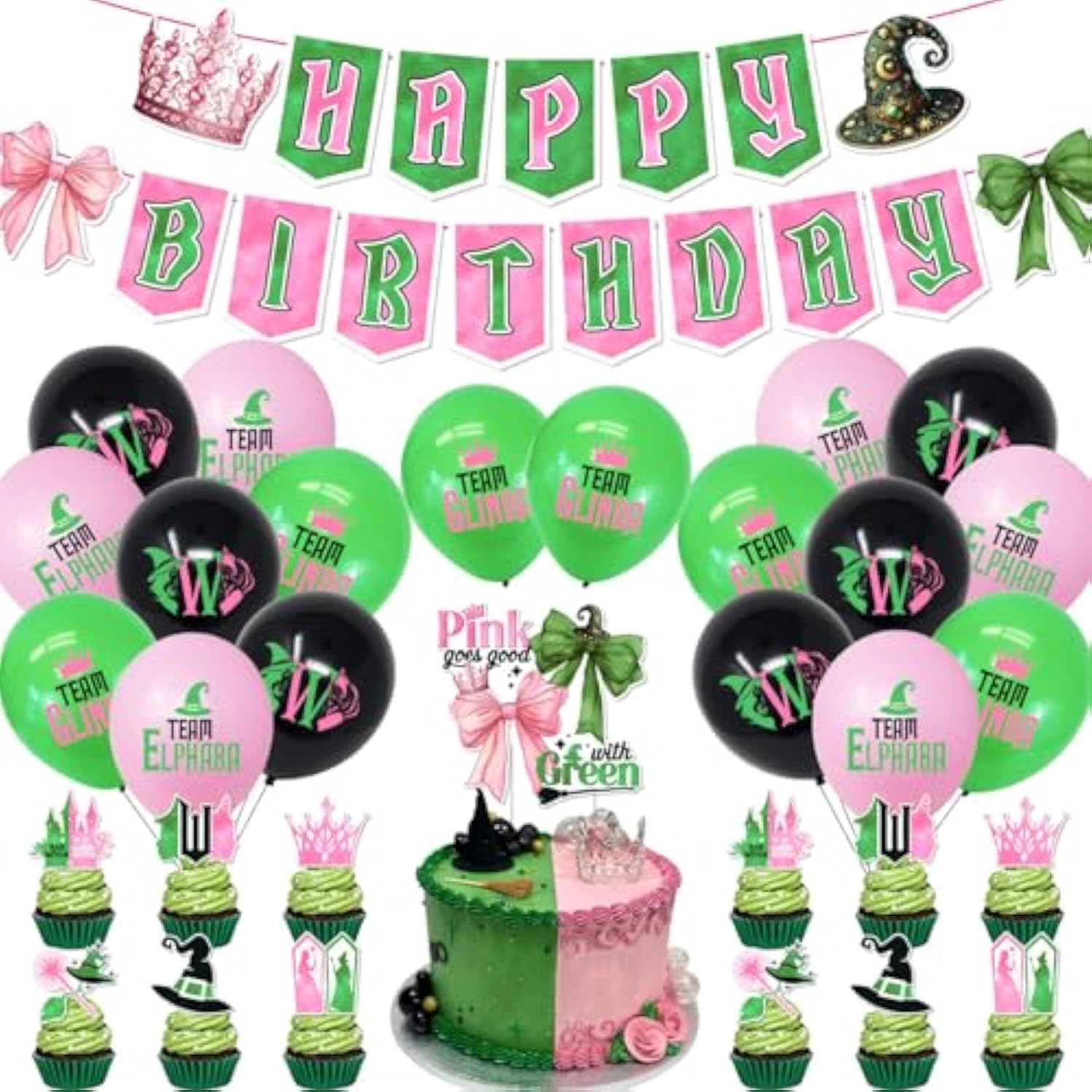 Pink And Green Party Decorations Happy Birthday Banner Bows Cake Toppers Cupcake Toppers And Balloons Princess Witch Birthday Party Decoration Crown Witch Hat Castle