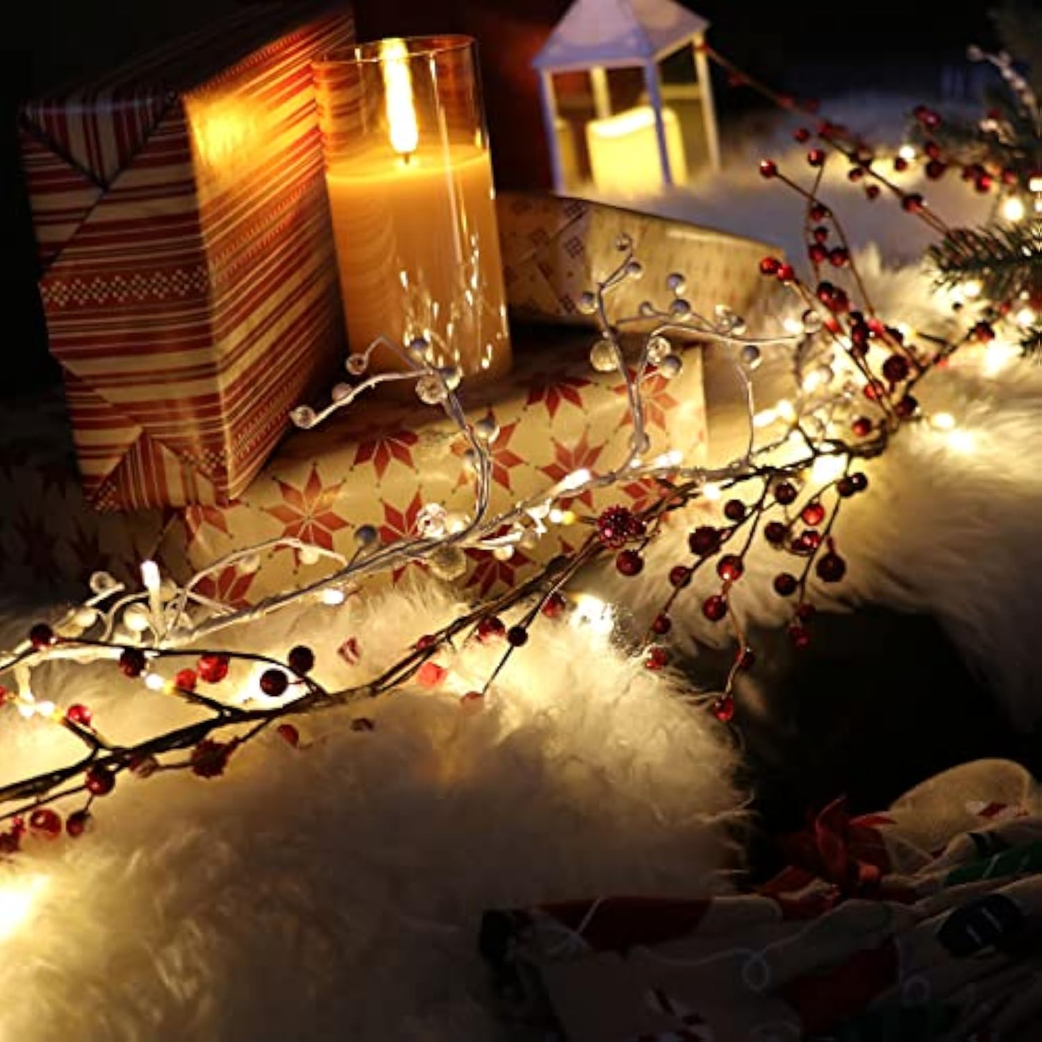Red Berry Branch Pre-Lit Garland With 30Led Lights, Battery Operated Fairy String Lights With Timer Function For Christm