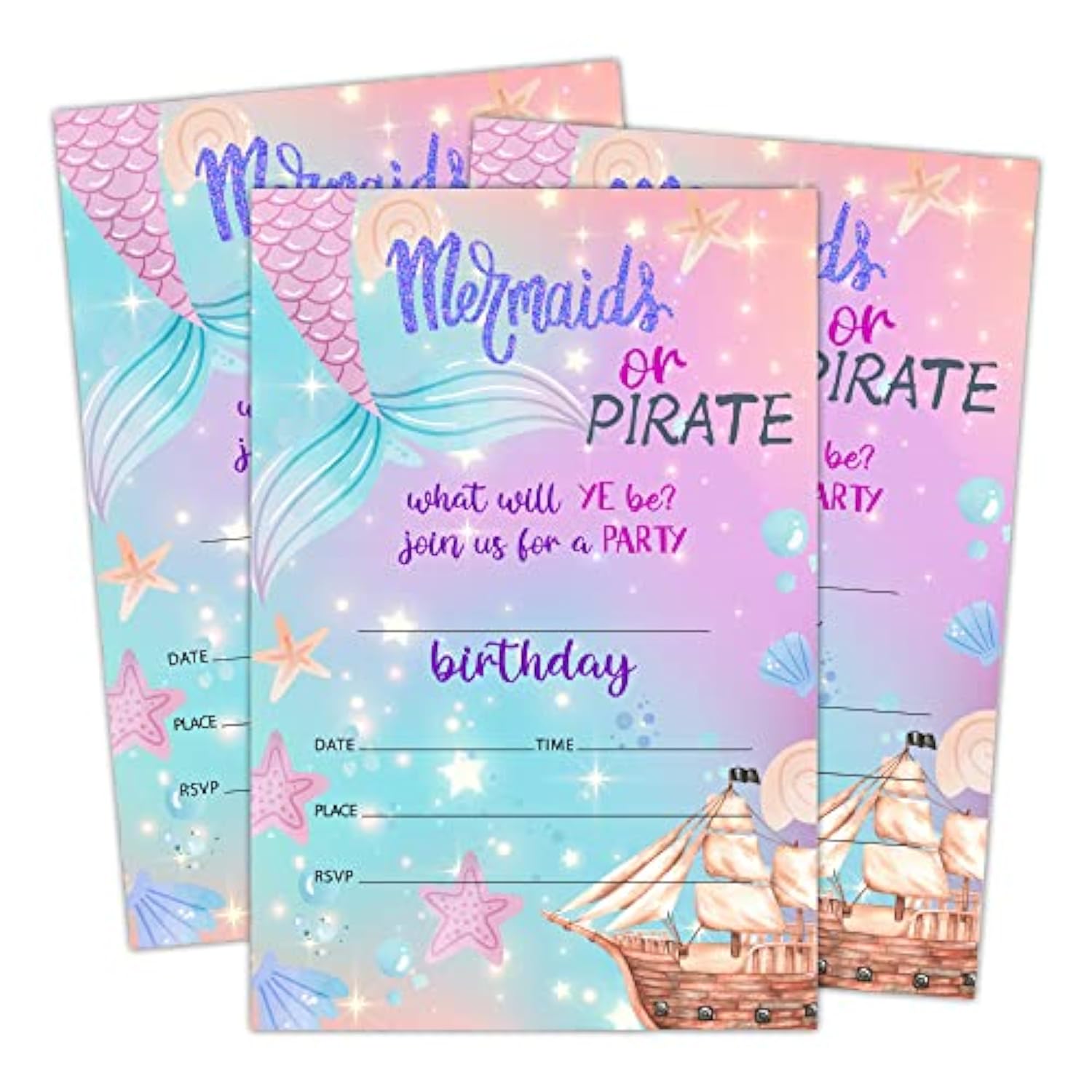 Birthday Invitations, Mermaid Or Pirate Party Decorations, Supplies, Mermaid Kids Teen Birthday Party Celebration Favors For Boys Or Girls - Pack Of 20 Cards With Envelopes (001)