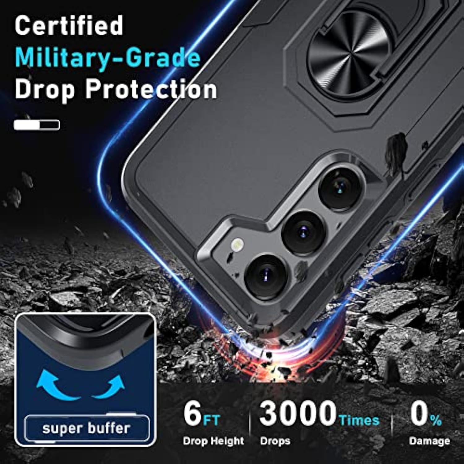 Compatible With Samsung Galaxy S23+ Plus Case With Screen Protector+Camera Lens Protector,Heavy Duty Shockproof Full Body Phone Cover Built In Metal Ring Holder Kickstand,2023 Black Matte