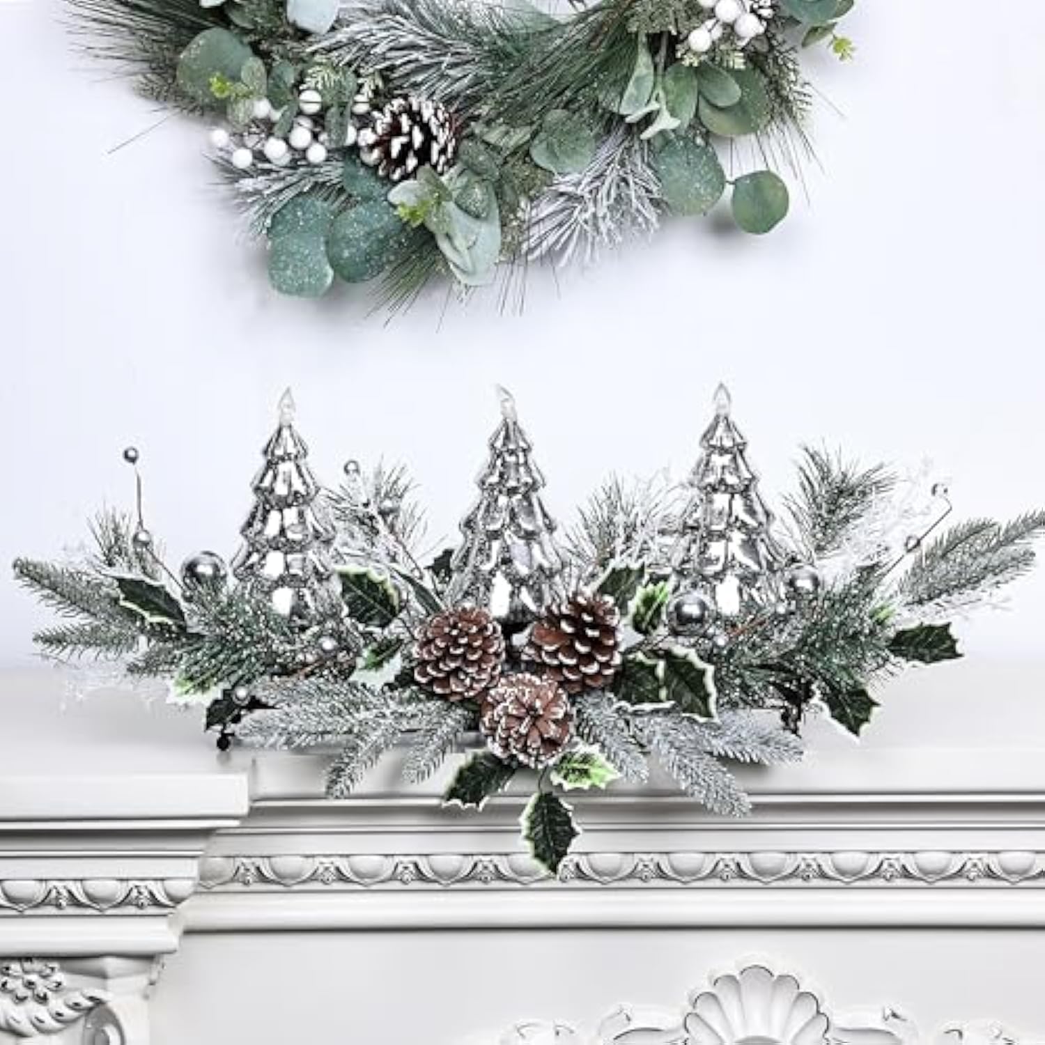 Christmas Table Centerpiece With Led Lights, Christmas Decoration With 3Pcs Silver Christmas Tree, Natural Pine Cones, Christmas Balls For Holiday Party, Home, Fireplace