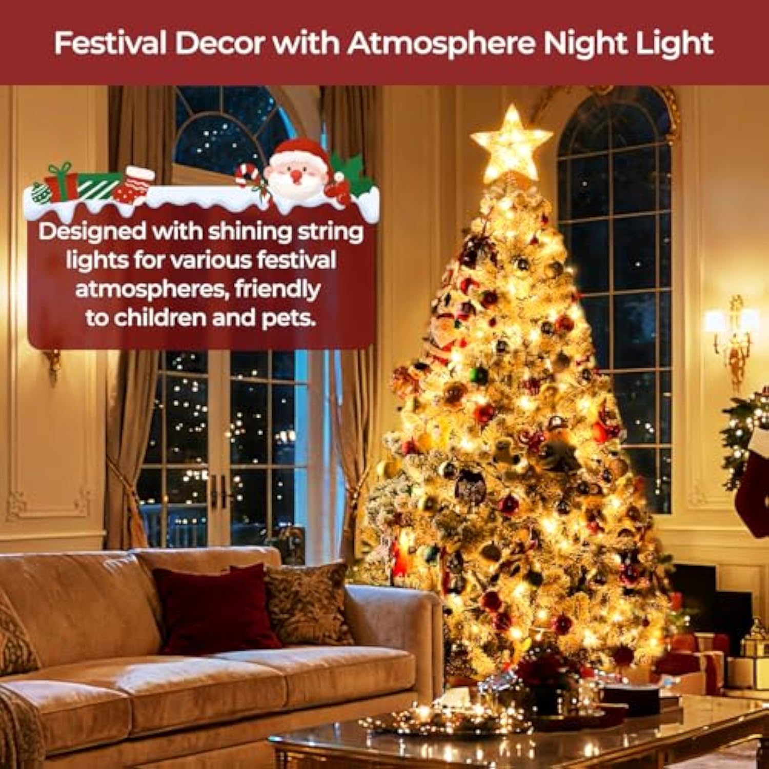 Artificial Christmas Tree, 4.5Ft Fake Christmas Trees With Lights, Snow Flocked Pencil Spruce Xmas Tree Foldable Stand Hinged For Home, Party, Office Decoration
