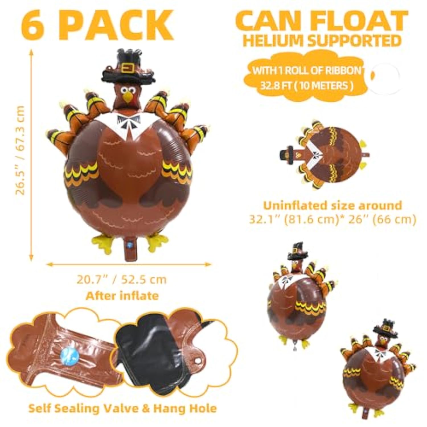 Thanksgiving Turkey Balloons 6Pcs Large Foil Balloons for Fall Harvest Party Decor