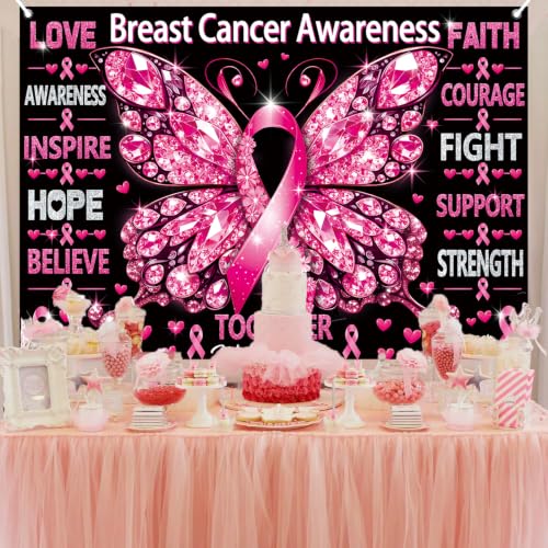 Breast Cancer Awareness Backdrop October Pink Ribbon Butterfly Banner Background Women Breast Cancer Love Hope Faith Charity Event Photo Booth Props 8x6FT