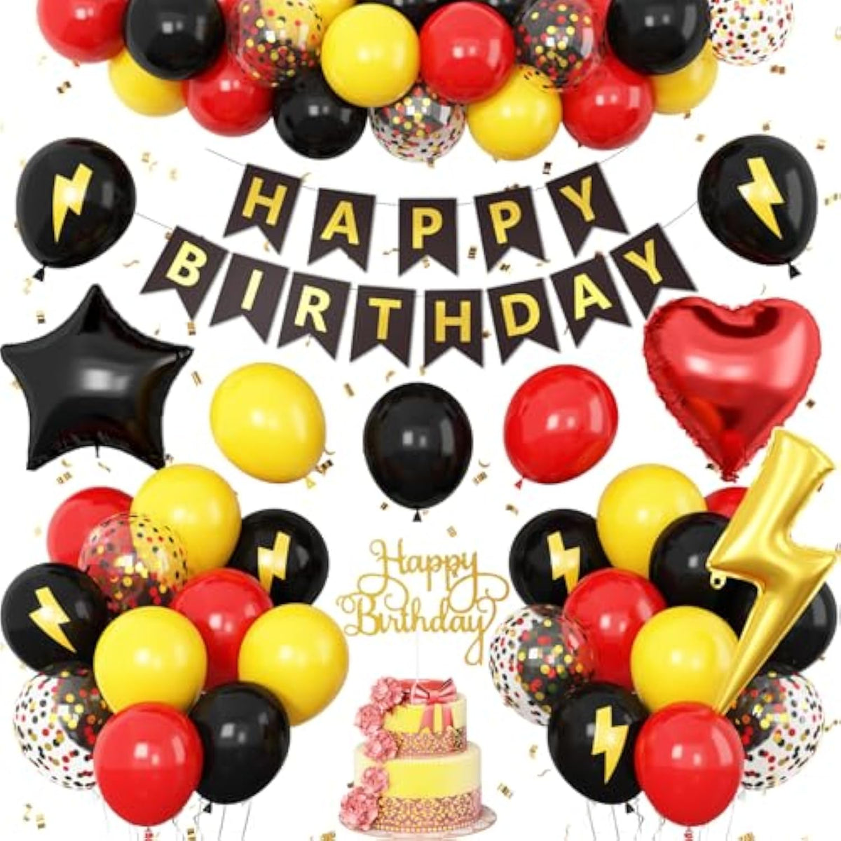 Red Black Yellow Birthday Decorations For Boys,Cartoon Birthday Party Balloons With Star Heart Foil Balloons Banner Cake Topper For Kids Game Theme Party Decor