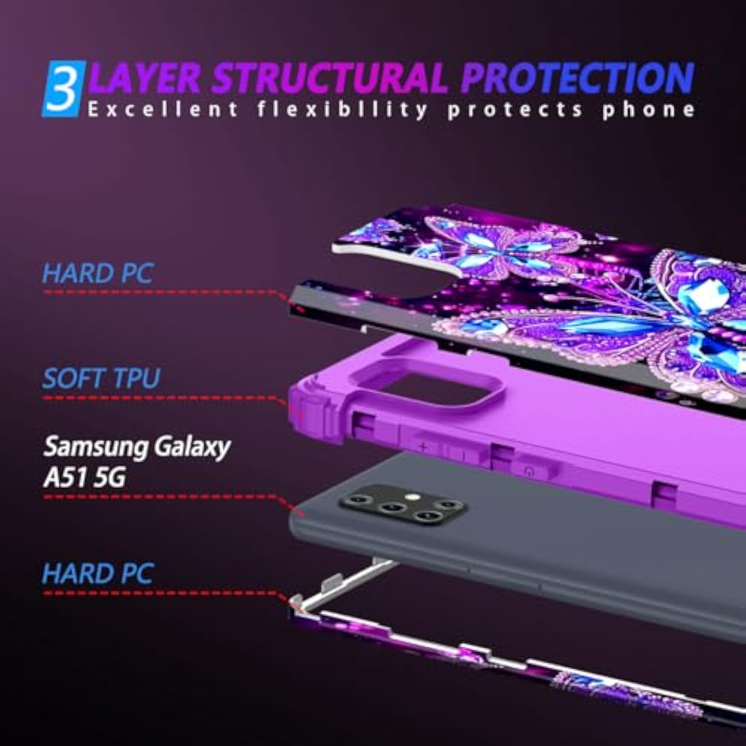 For Galaxy A51 5G Case,Glow In The Dark Three Layer Heavy Duty Shockproof Full Body Hard Plastic Bumper+Soft Silicone Protective Case For Samsung Galaxy A51 5G,Amaranth Dark