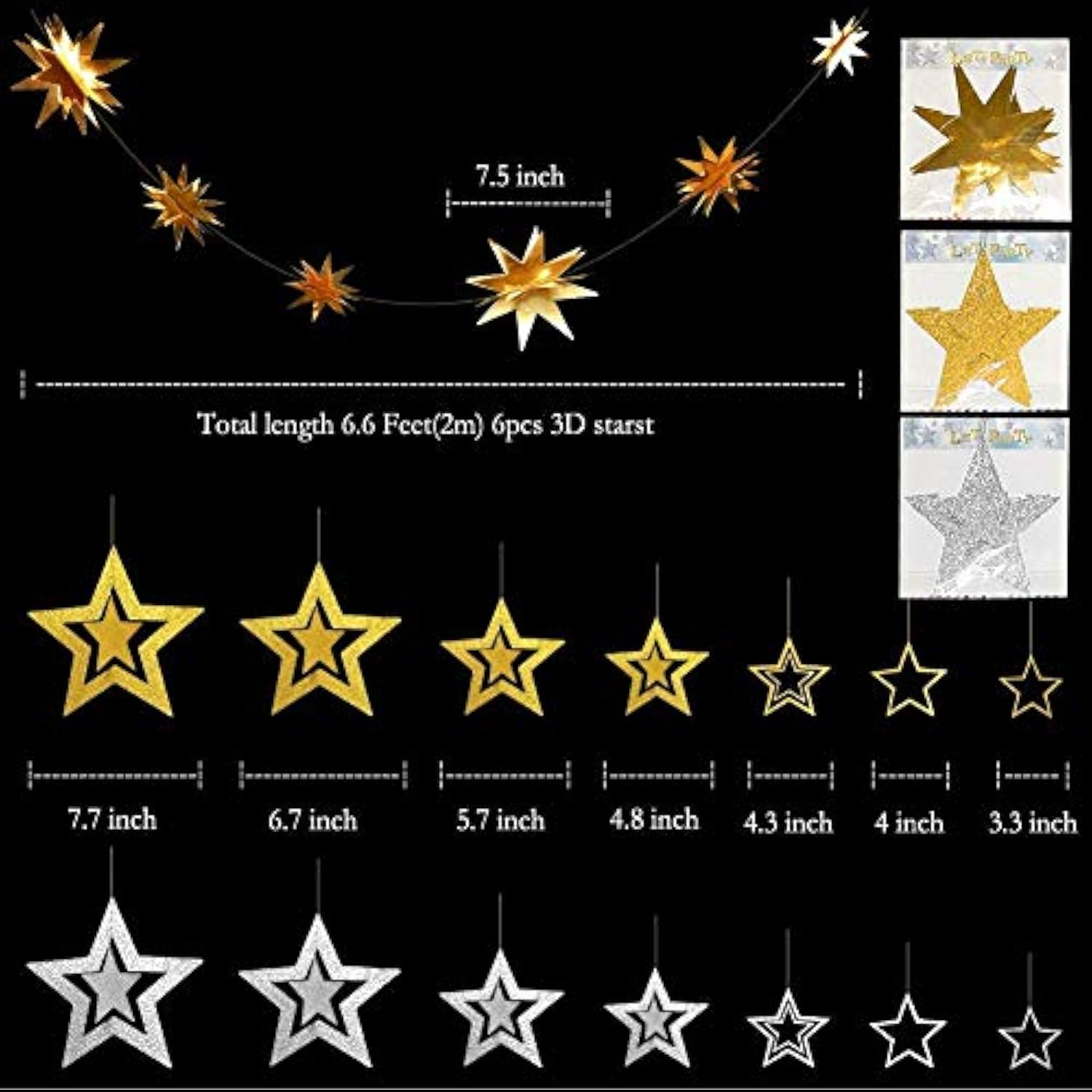 Silver Gold Star Garland Hanging Twinkle Little Star Decorations Glittery Party Supplies For Baby Shower Birthday New Year Eve Graduation Christmas Ramadan Eid Galaxy Theme