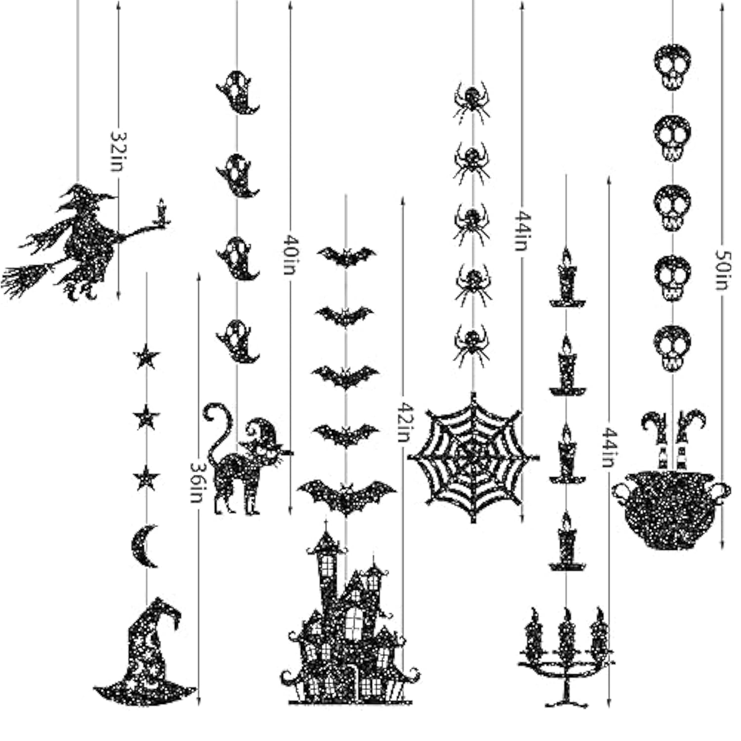 Glitter Black Halloween Hanging Banner Garland Ghosts Witches Bats Spiders Cat Party Decor