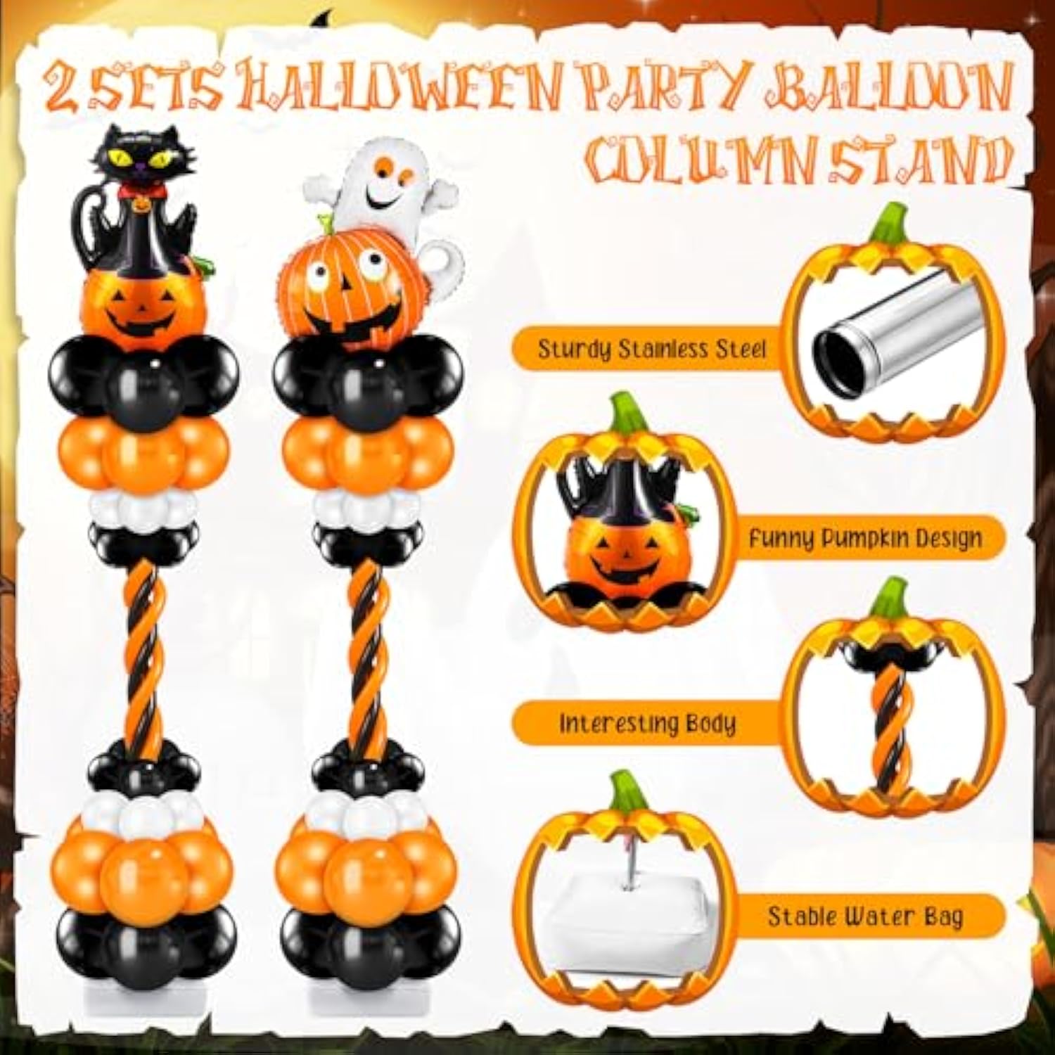 2 Sets Halloween Balloon Column Stand Kit with Pumpkin Foil Balloons Arch Garland