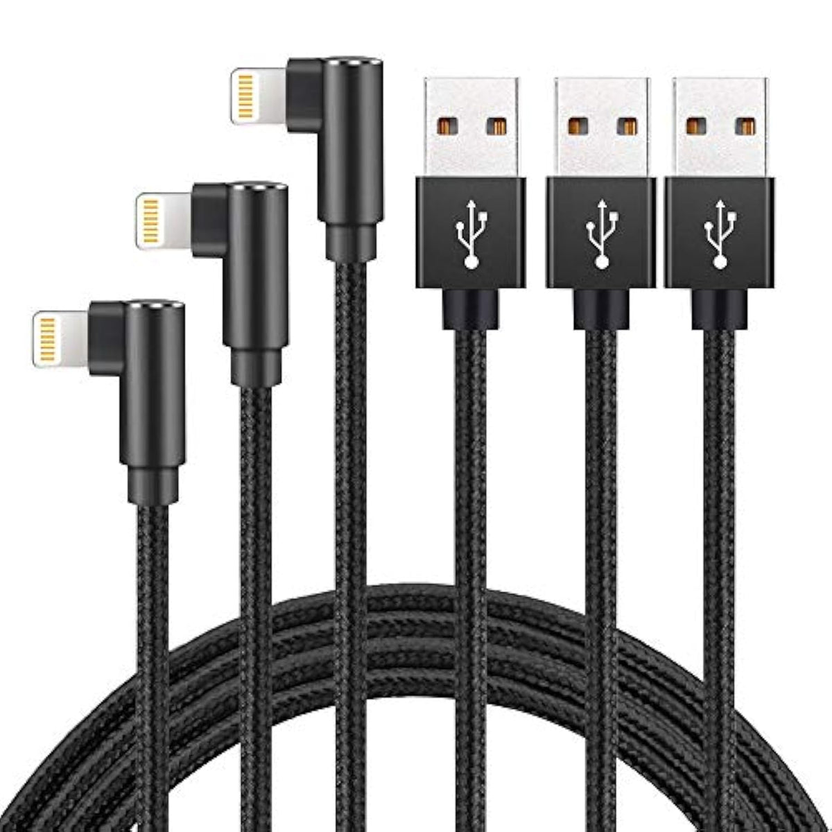 Fast Charging Cable, 3Ft Right Angle Cable,3 Pack Nylon Braided Fast Speed Data Sync Charging Cord Powerline Compatible With Phone 13/12/11/Pro/Xs Max/Xs/Xr/7/7Plus/X/8/6/Se(Black, 3Ft)