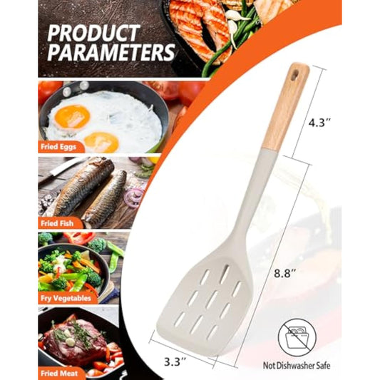 Pack Of 2 Silicone Spatula, Non Stick Cooking Utensil Set Wooden Handle Kitchen Turner For Baking Mixing Grilling Serving Food Heat Resistant Non Scratch Hooks Included (Khaki)