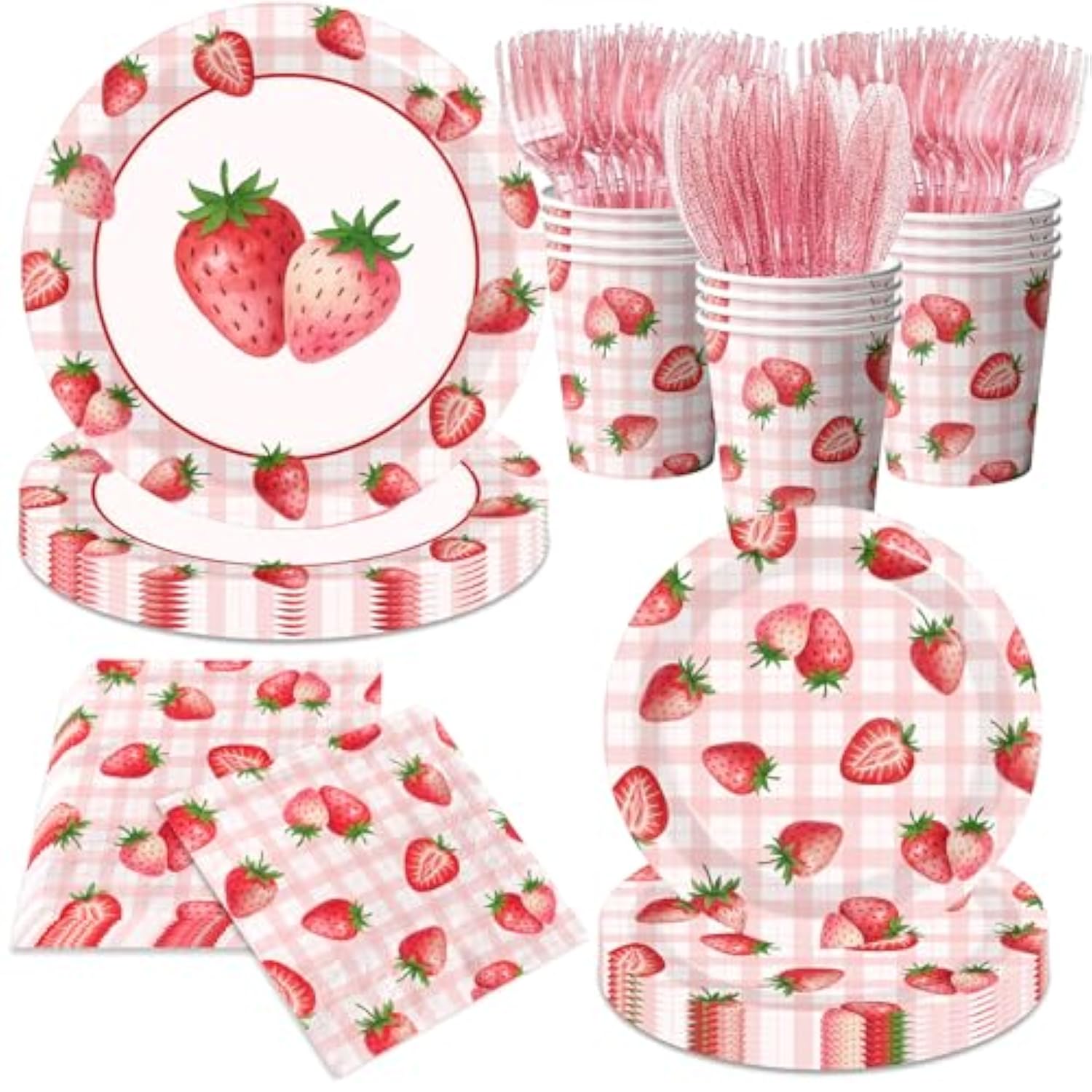 Strawberry Birthday Decorations,144Pcs Strawberry Party Plates,Napkins,Cups Strawberry Party Supplies Summer Fruit Tableware Set For Girls Baby Shower,Berry First Birthday Decor