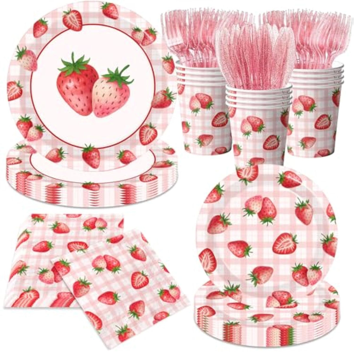 Strawberry Birthday Decorations,144Pcs Strawberry Party Plates,Napkins,Cups Strawberry Party Supplies Summer Fruit Tableware Set For Girls Baby Shower,Berry First Birthday Decor