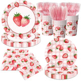 Strawberry Birthday Decorations,144Pcs Strawberry Party Plates,Napkins,Cups Strawberry Party Supplies Summer Fruit Tableware Set For Girls Baby Shower,Berry First Birthday Decor