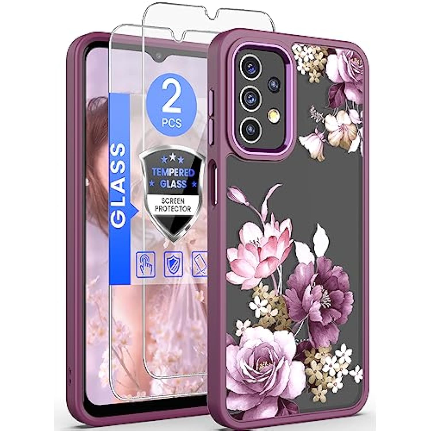 For Samsung A23 4G/ 5G Case, Galaxy A23 Case Tempered Glass Screen Protector,Military Grade Drop Tested Hard Back & Soft Edge Slim Flower Women Girls Phone Protective Cover For A23 5G (Purple)