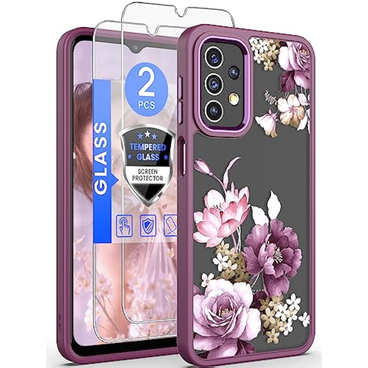 For Samsung A23 4G/ 5G Case, Galaxy A23 Case Tempered Glass Screen Protector,Military Grade Drop Tested Hard Back & Soft Edge Slim Flower Women Girls Phone Protective Cover For A23 5G (Purple)