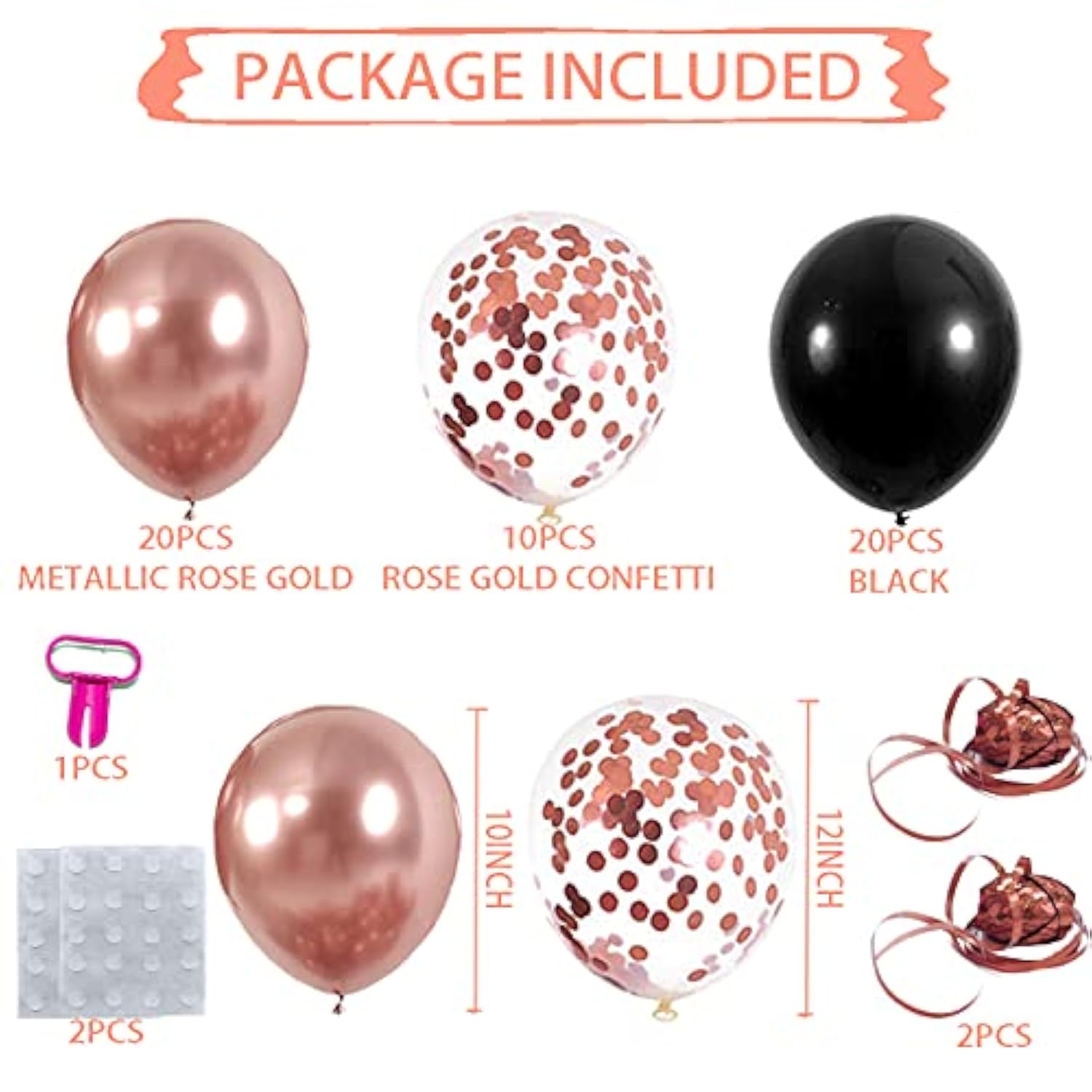 55Pcs Chrome Metallic Rose Gold & Black Confetti 12" Latex Balloons Party Decorations