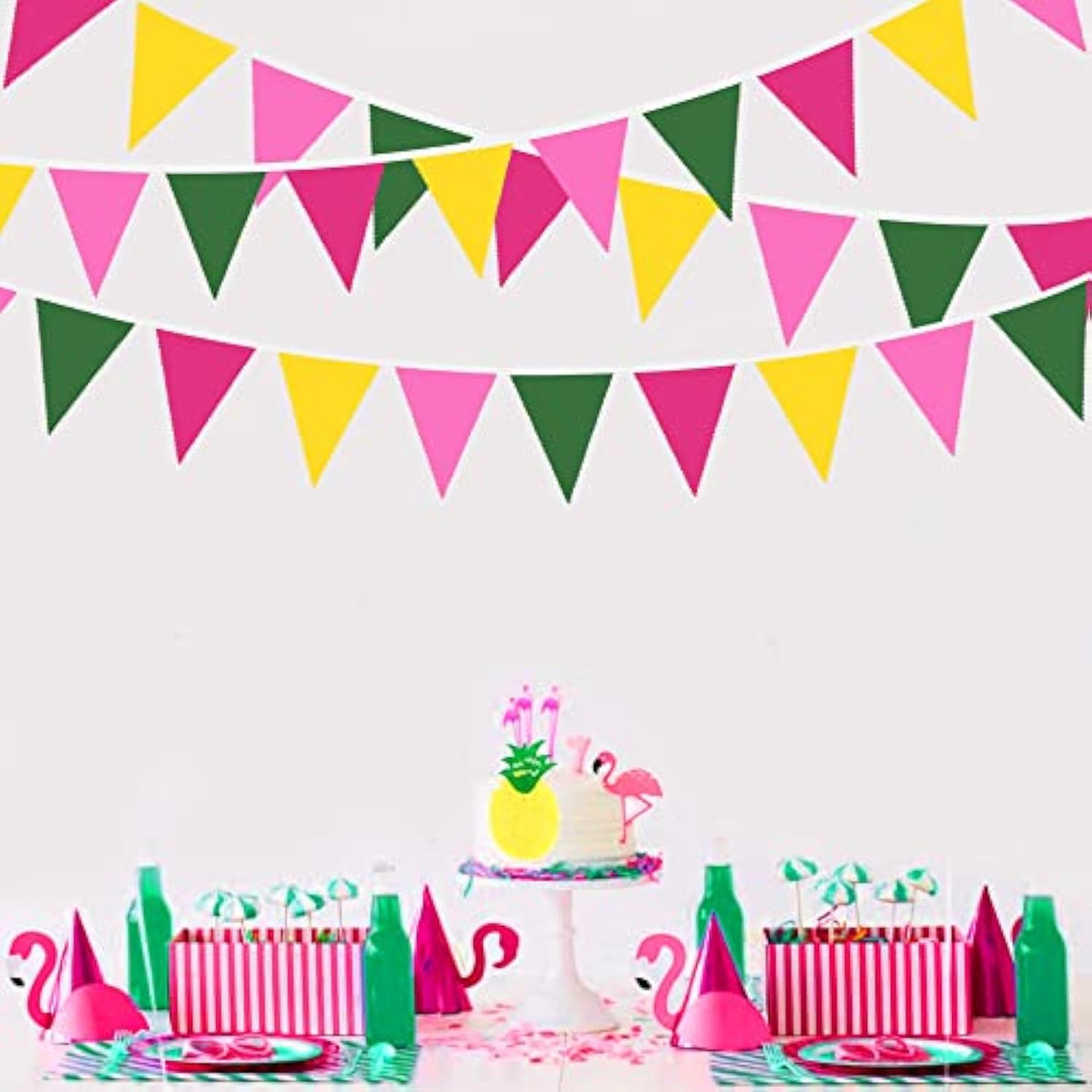 32Ft Hot Pink Green Yellow Pennant Banner Fabric Triangle Flag Bunting