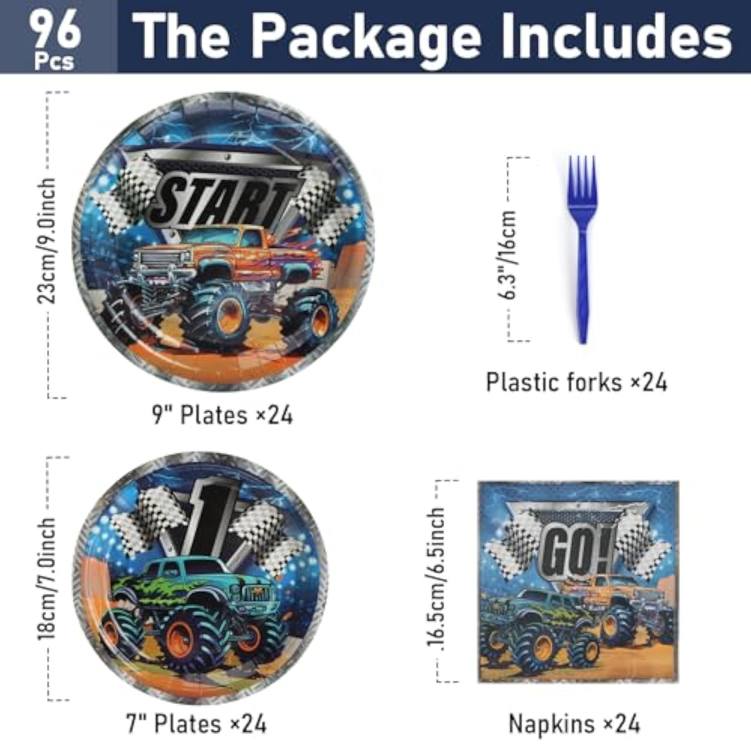 96 Pcs Party Plates, Monster Truck Paper Plates And Napkins Party Supplies For Monster Trcuck Theme Birthday For Kids, Disposable Tableware Sets, Serve For 24 Guests, Dark Blue