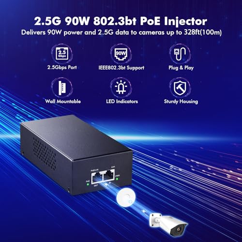 2.5 Gigabit Poe Injector, 802.3Af/At/Bt 90W, 2.5G/1G/100M Ethernet, Plug & Play, Non-Poe To Poe Adapter, Metal Case, Distance Up To 100 Meters (328 Ft.)