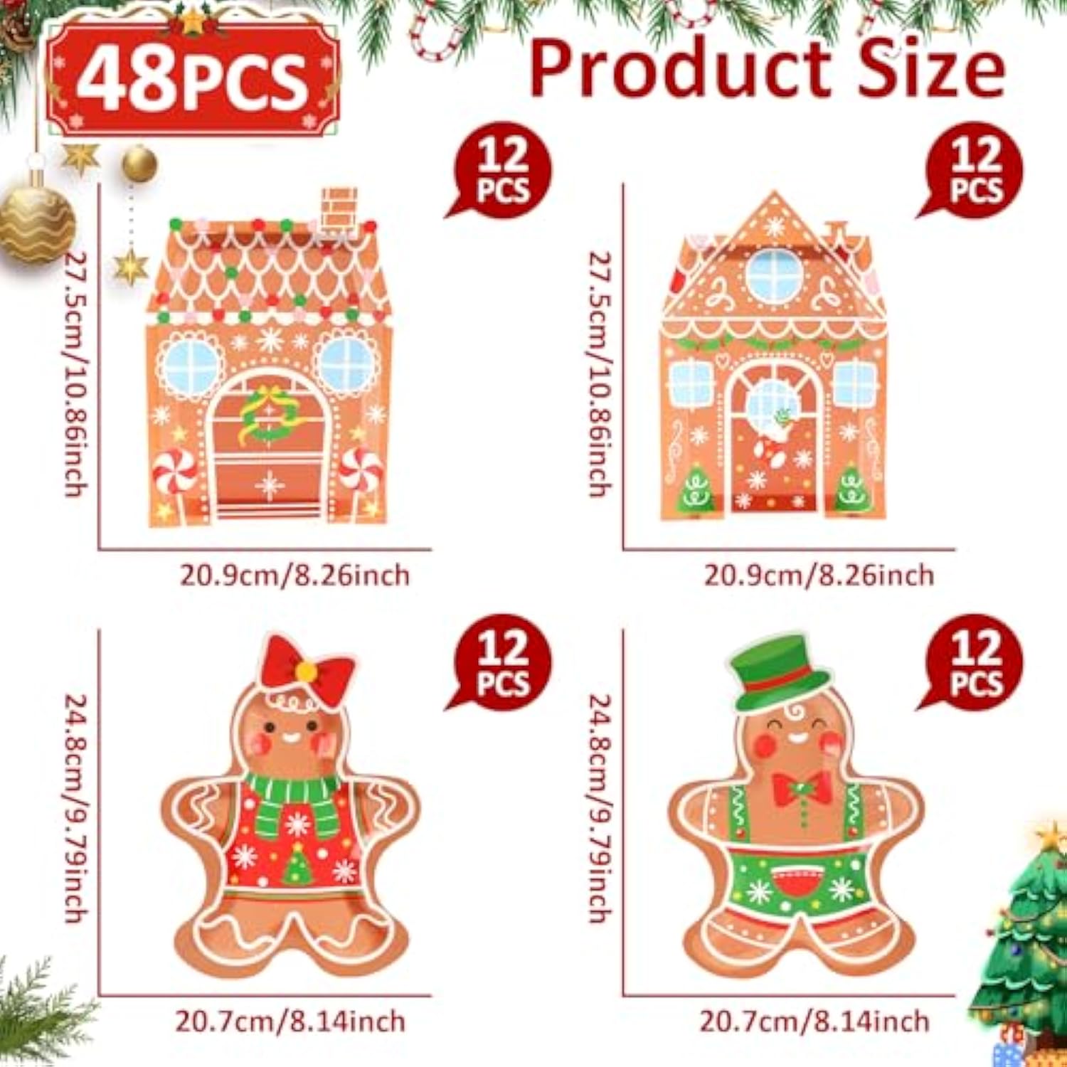 48 Count Christmas Party Plates Gingerbread Party Decorations Gingerbread House Plates Decorations Gingerbread Man Xmas Holiday Disposable Paper Platter For Merry Christmas Winter Tableware Supplies