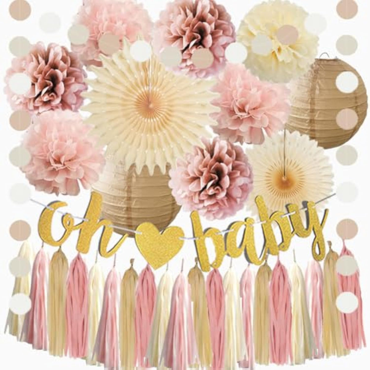 Dusty Rose Boho Pink Baby Shower Decorations For Girl Champagne Brown Neutral Oh Baby Shower Decorations Beige And Pink Gender Reveal Party Decor With Tissue Paper Pom Poms Cream Boho Tassel Garland