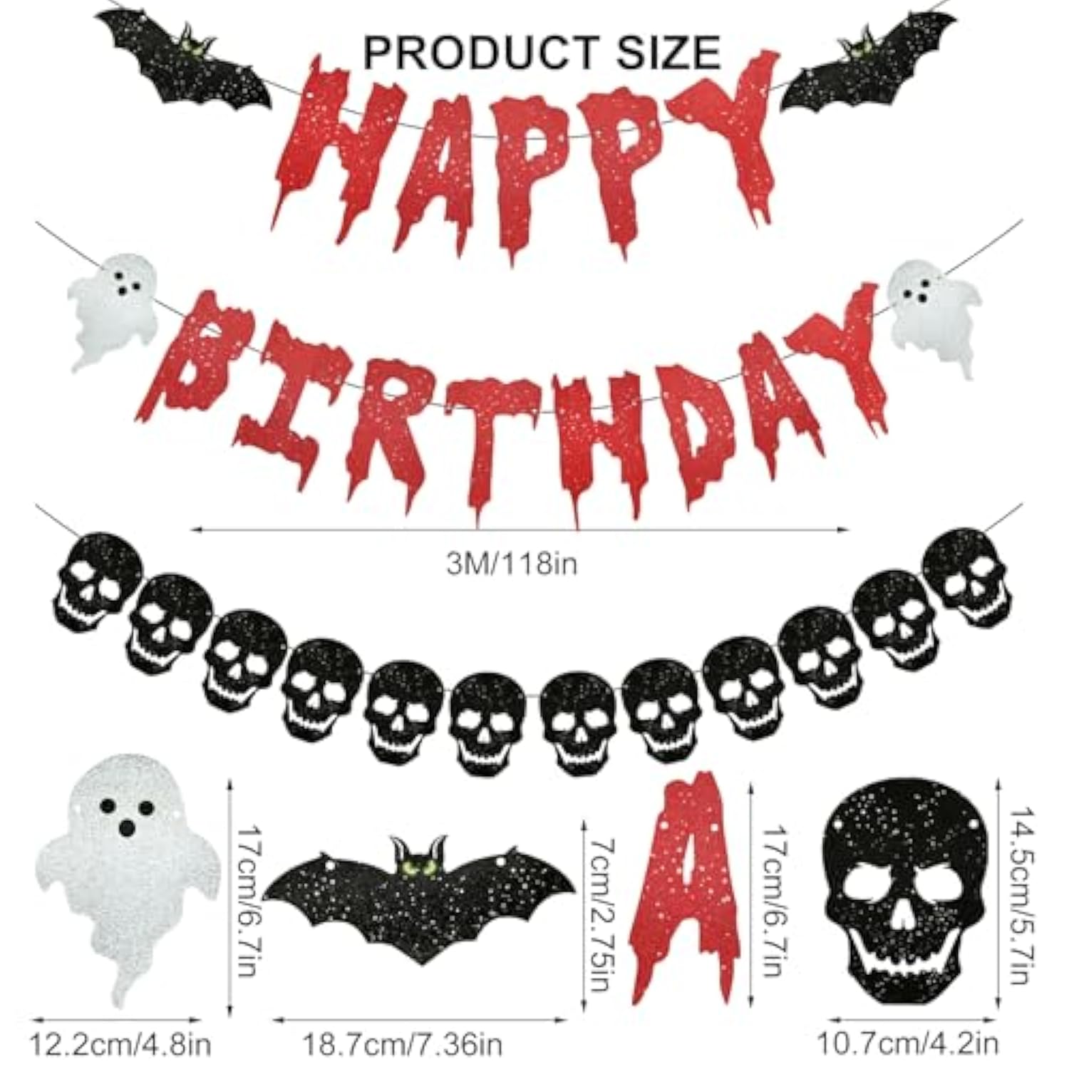 3PCS Halloween Black Skull Heart Wreath Banner Spooky Birthday Party Decor