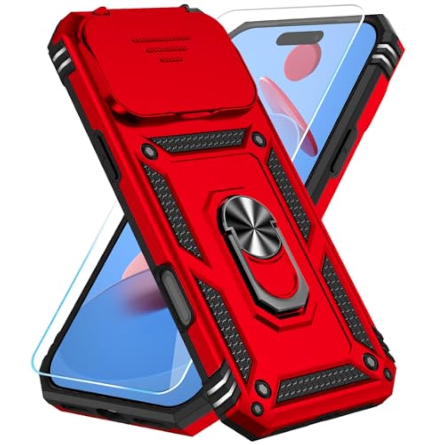 Compatible With Iphone 17 Pro Max Case With Hd Screen Protector & Slide Camera Cover & Rotated Ring Kickstand, [Military-Grade] Iphone Case For Iphone 17 Pro Max,Red