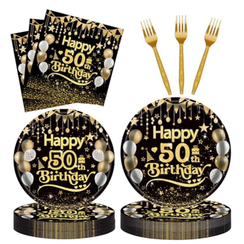96Pcs 50Th Happy Birthday Tableware Set Black Gold Disposable Paper Plates And Napkins With Forks Back In 1975 Birthday Party Decorations Supplies For Men Women, Serve 24