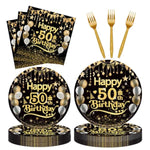 96Pcs 50Th Happy Birthday Tableware Set Black Gold Disposable Paper Plates And Napkins With Forks Back In 1975 Birthday Party Decorations Supplies For Men Women, Serve 24