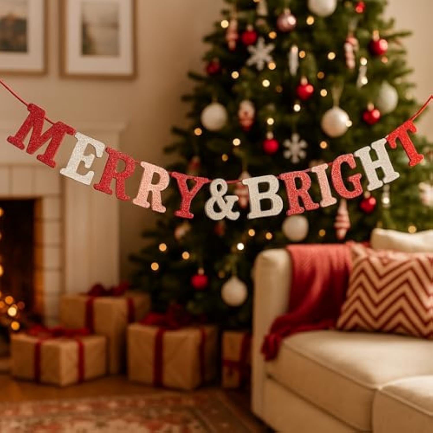 Christmas Square Sequins Merry & Bright Banner 6 Ft Pink And Red Glitter Sign Garland Merry Christmas Bunting For Xmas Home Office Party Mantel Sign Decorations Supplies