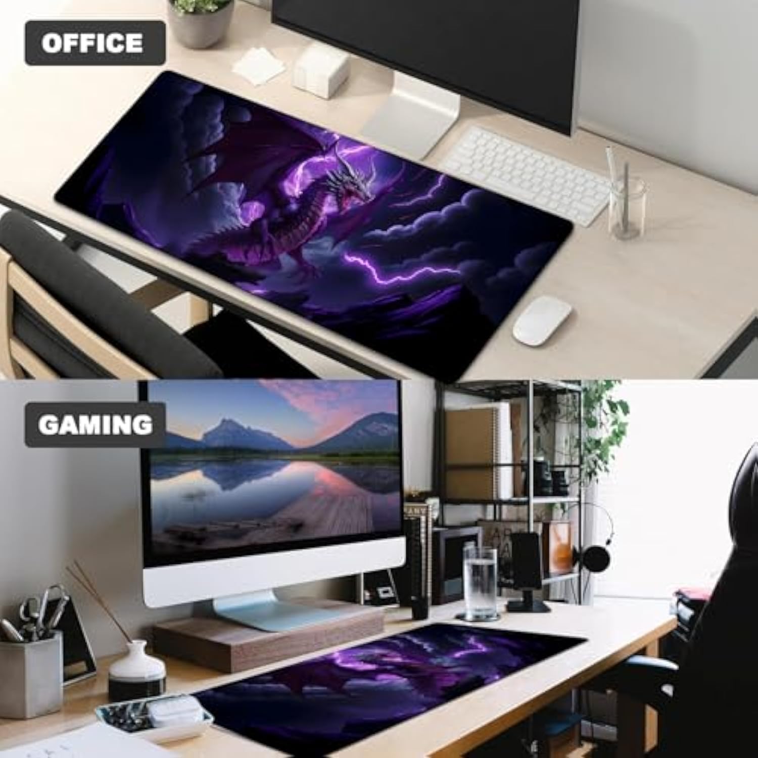 Purple Lightning Dragon Gaming Mouse Pad,12X31.5In Non-Slip Rubber Cool Animal Desk Mat,Large Extended Mousepad For Office Home Laptop,Fun Mice Pads Gifts,Game Lover Deskmat Decor