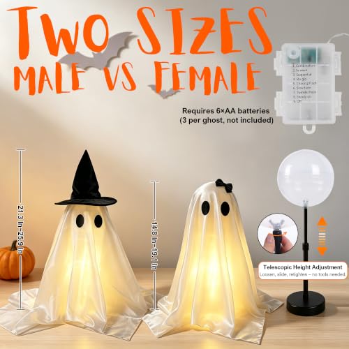 Halloween Decorations Indoor, 25.9 Inch Light Up Ghost Decorations Set of 2 with Timer, DIY Spooky Crafts Kit for Mantel Shelf Tabletop, White Ghosts for Home Party