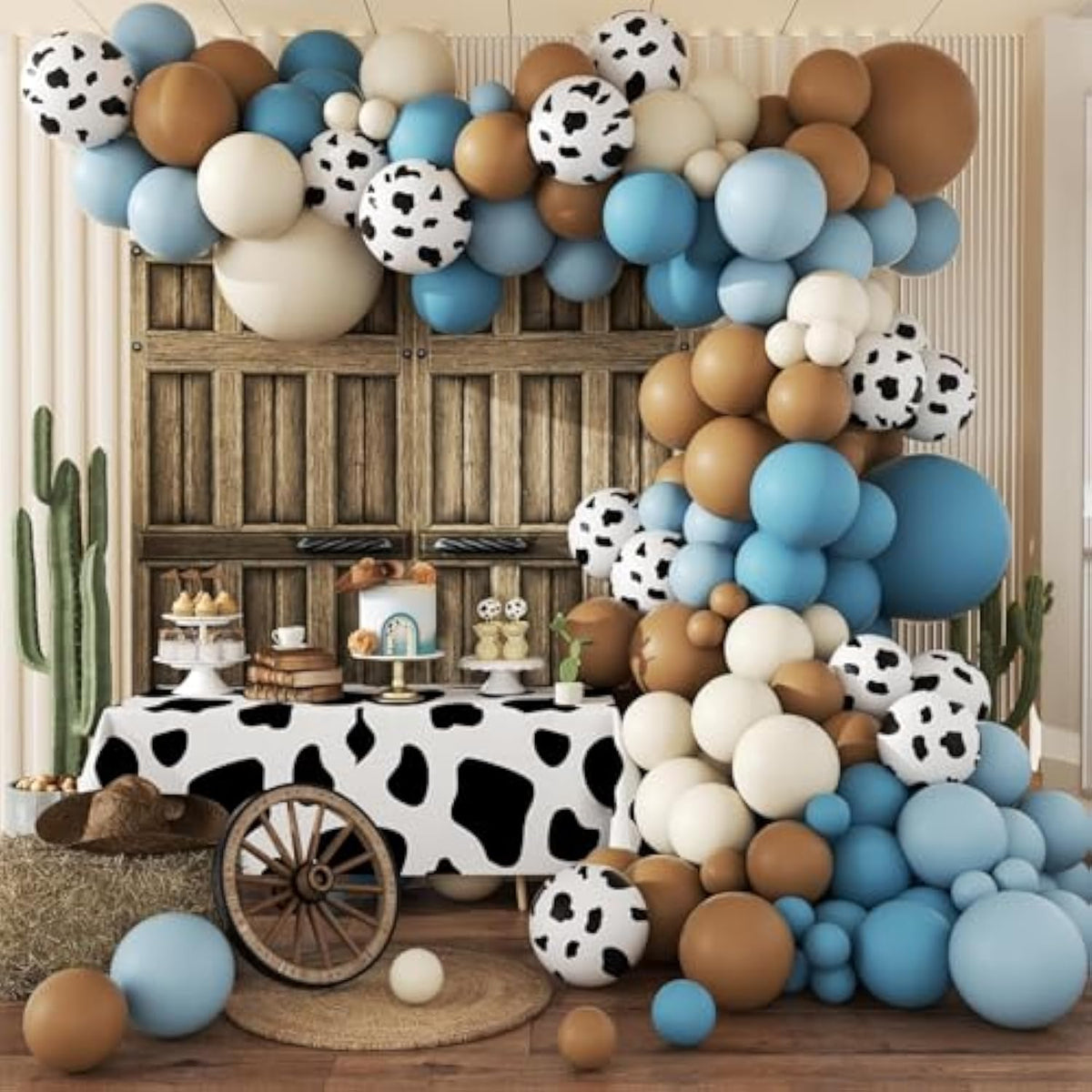 Western Cowboy Balloon Garland Arch Kit, Brown Slate Blue Dusty Blue Sand White Cow Print Balloons For Farm Western Cowboy Baby Shower Birthday Party Decorations
