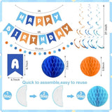 Blue & Orange Dog Birthday Party Decorations Banner, Swirls, Honeycomb Balls
