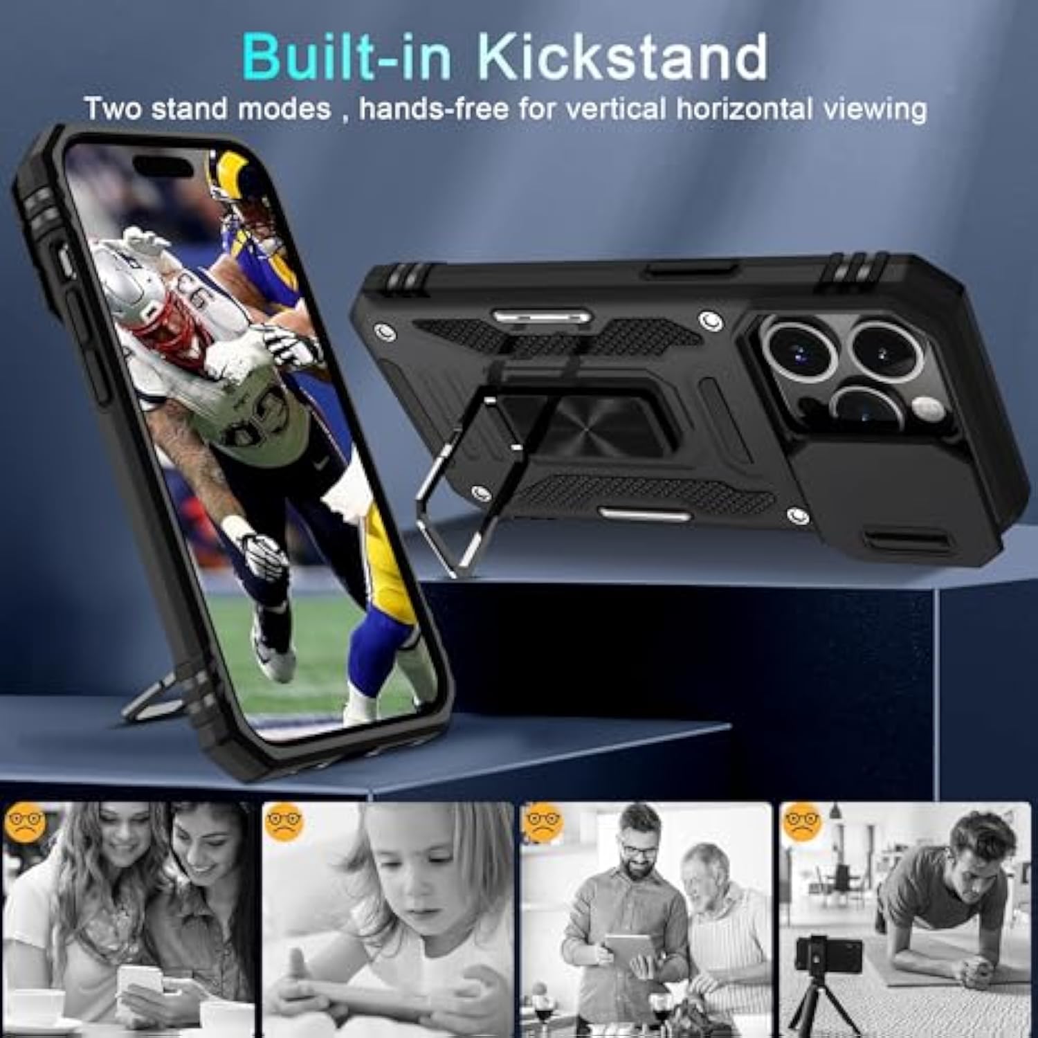 Case For Iphone 15 Pro Max With Slide Camera Cover+Screen Protector(1 Pack), Rotated Ring Kickstand Military Grade Shockproof Protective Cover 6.7 Inch-Black