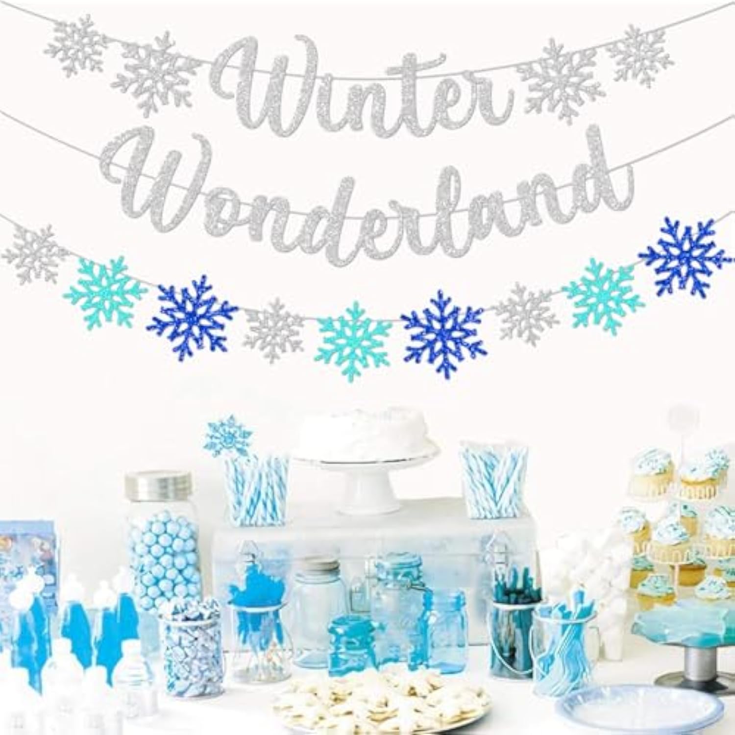 Silver Blue Winter Wonderland Party Decorations Snowflakes Banner Hanging Paper Garland Bunting Sign For Frozen Merry Christmas New Year Wall Fireplace Home Accessories Supplies