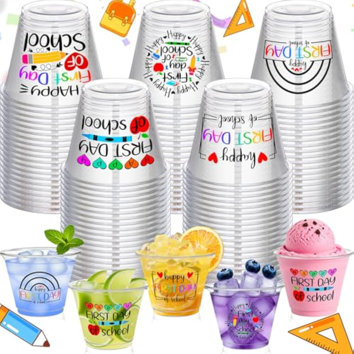 100 Pcs Back To School Cups Bulk First Day Of School Party Favor Disposable Plastic Cups 9 Oz Party Decorative Clear Glasses For Juice Beverage Drinks Holiday Table Supplies(Popular Style)