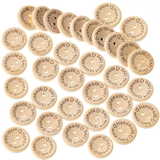 100Pcs Cute Wooden Craft Buttons 2 Holes 'Handmade With Love' Tags Lab