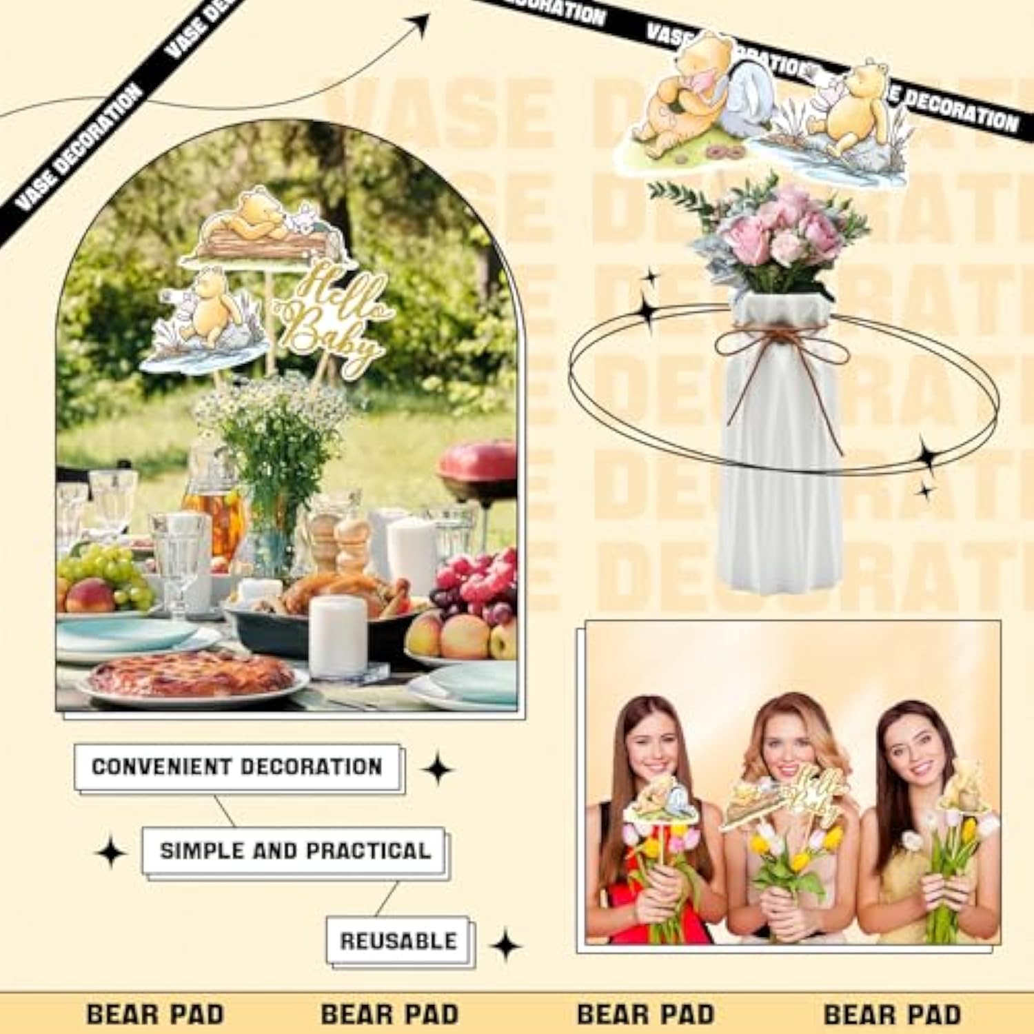 16Pcs Classic The Pooh Centerpieces Winnie Centerpieces Sticks Oh Baby Winnie Table Toppers Bear Party Decorations For Winnie Birthday Baby Shower Party Baby Shower Table Decorations