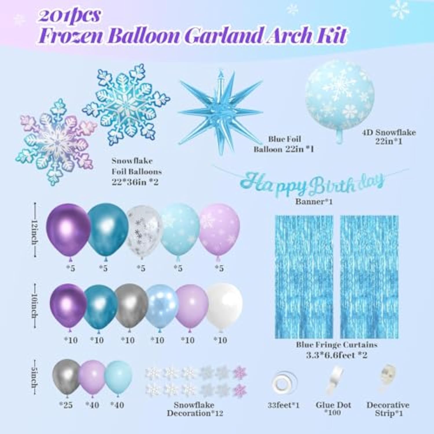 212Pcs Frozen Balloon Arch Garland Kit, Blue Purple White Balloons With Fringe Curtain Snowflake Balloons Birthday Banner For Winter Wonderland 3Th 4Th Frozen Birthday Party Decorations