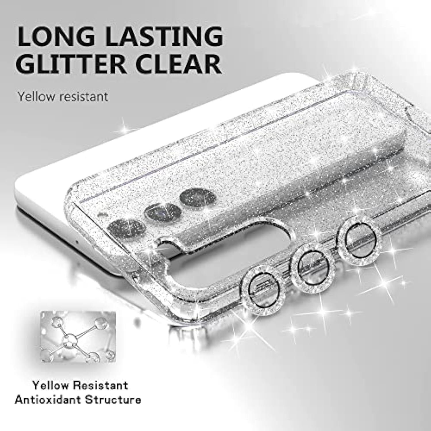 Glitter Clear Case For Samsung Galaxy S23 Plus 5G With Diamond Sparkle Camera Lens Protector + 2 Pack Tempered Glass Screen Protector, Sparkly Shockproof Protective Girl Cover (For Samsung S23+)