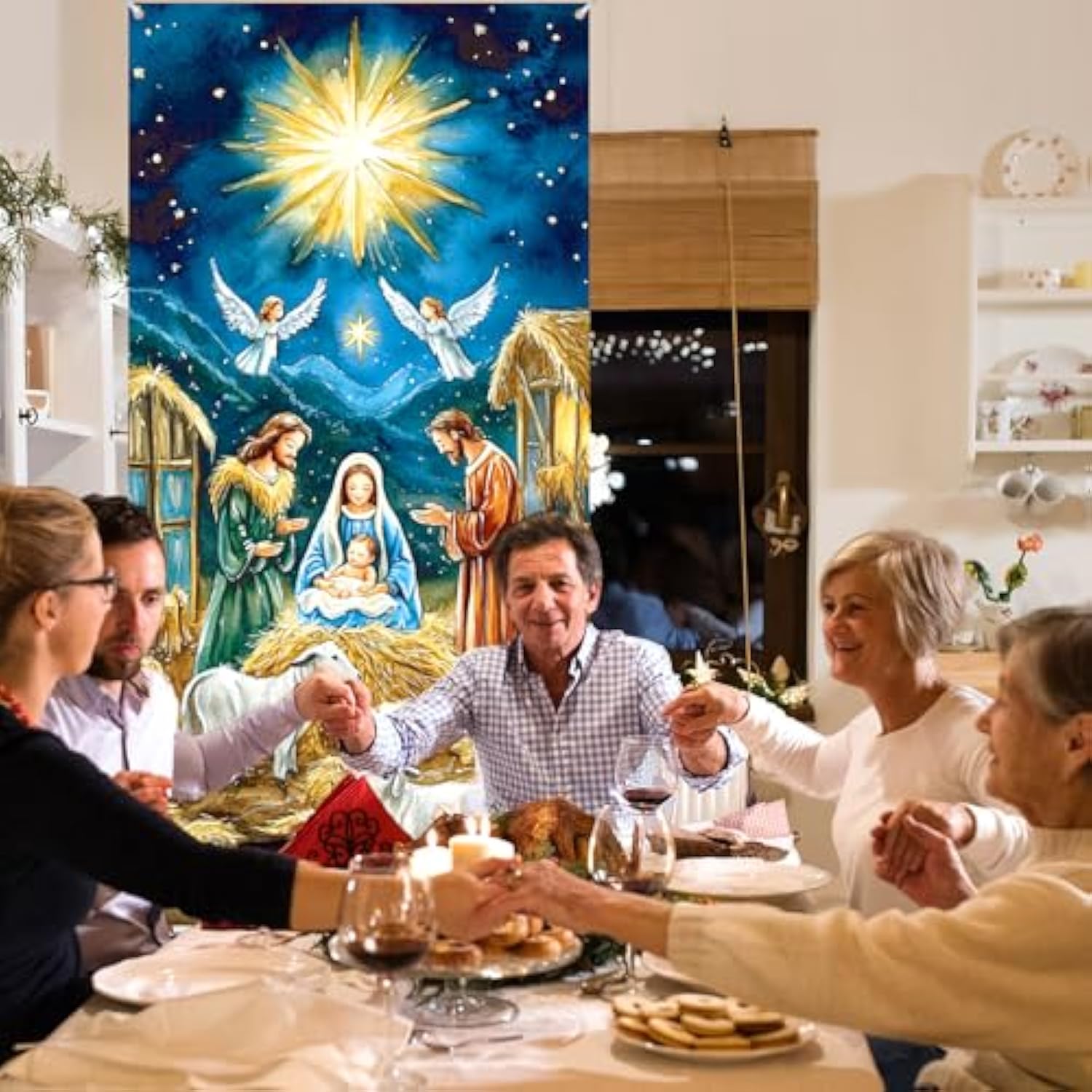 Nativity Christmas Door Cover Decorations - Jesus Holy Night Banner Blue Gold Religious Xmas Scene Sheep Front Door Cover Banner Backdrop For Holiday Farmhouse Decor