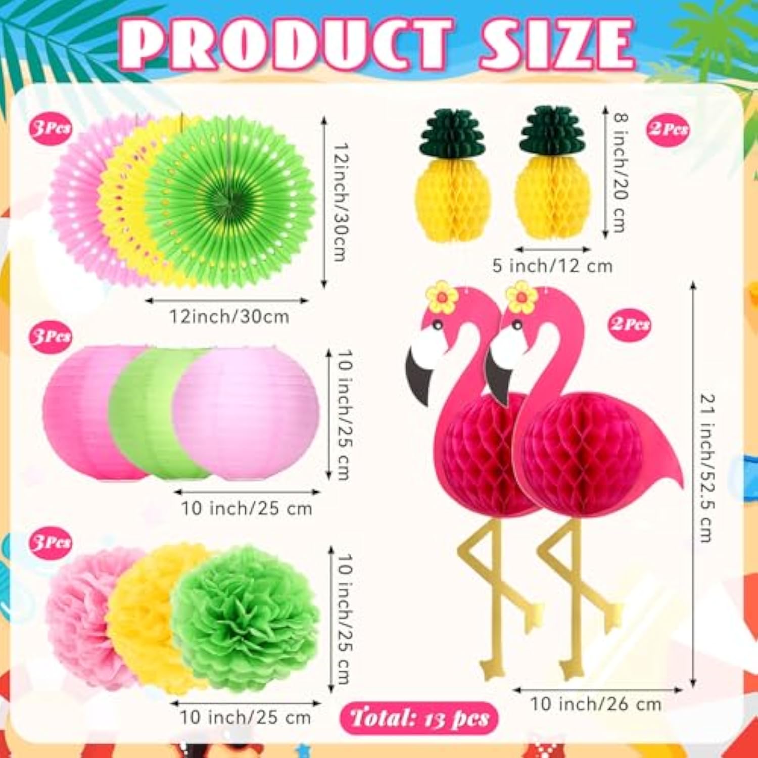 13 Pcs Hawaiian Party Honeycomb Paper Cutouts, Tropical Flamingo Honeycomb Paper, Flamingo Pineapple Fan Lantern Pom Flowers Honeycombs For Tropical Summer Beach, Birthday, Luau Party Supplies