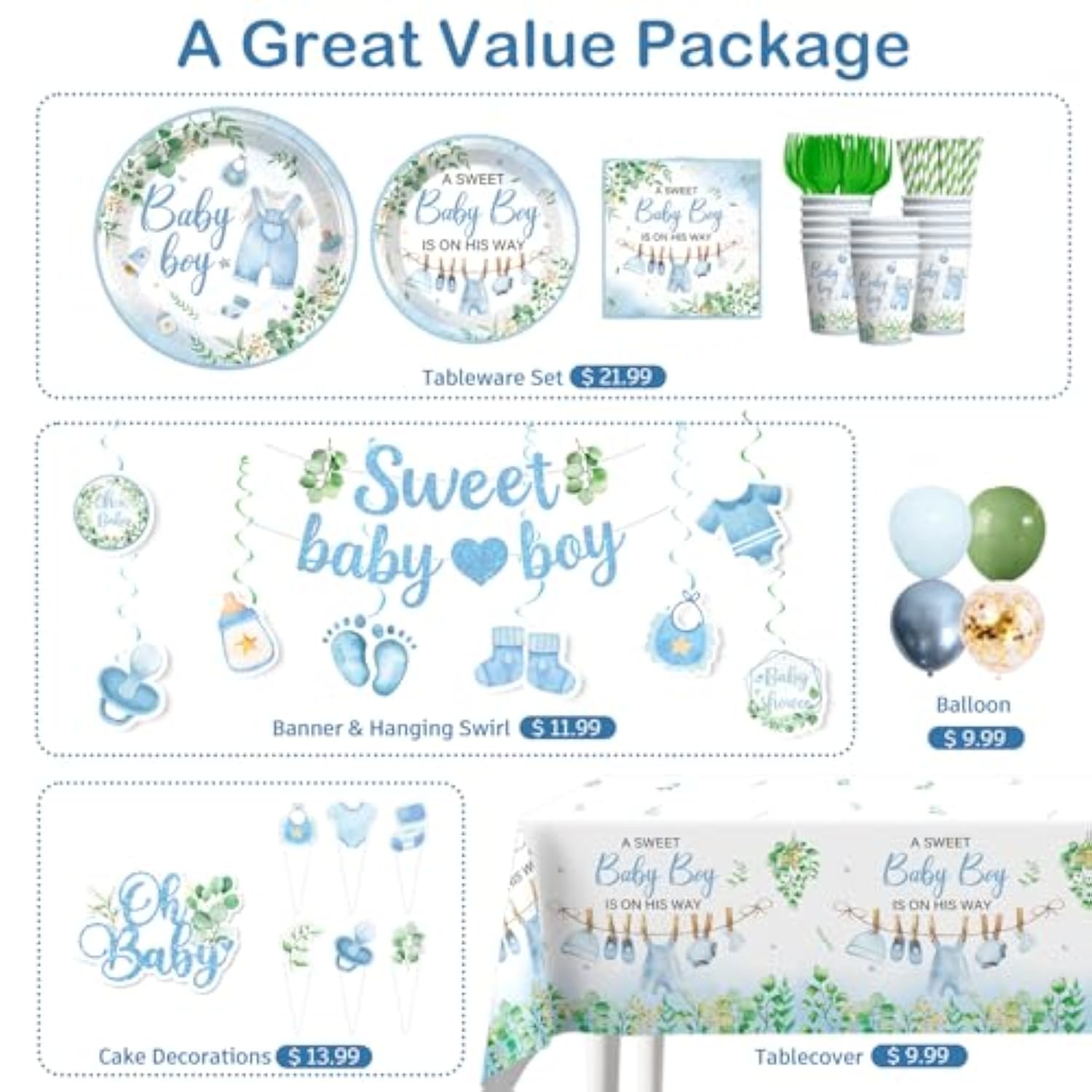 201Pcs Baby Shower Decorations Boy Tableware Set, 25 Serves Disposable Plates And Napkins Set, With 2Pcs Tablecloth, Cake Topper, Banner, Balloons For Baby Boy Shower Decorations