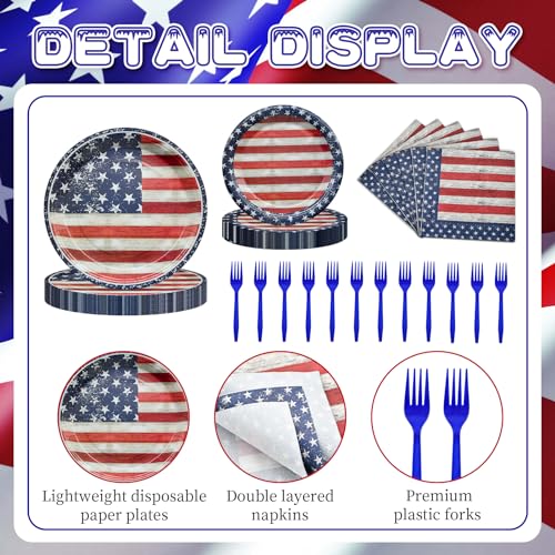 96 Pieces 4th of July Plates and Napkins Set, Vintage American Flag Disposable Tableware with Paper Plates Napkins and Forks for BBQ Picnic Party, Serves 24