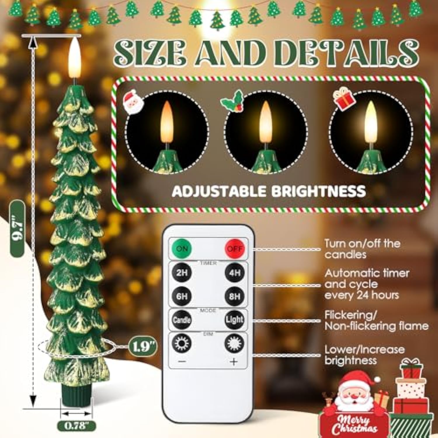 3 Pcs Christmas Tree Flameless Taper Candles Battery Operated With Remote And Timer, Real Wax Led Candles, Warm 3D Wick Flickering Lifelike Leaves, Xmas Dinner Holiday Decoration (Green,Gold)