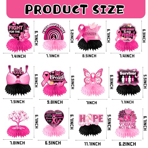 Breast Cancer Awareness Decorations Honeycomb Centerpeces, 12Pcs Breast Cancer Awareness Accessories Pink and Black Ribbon Table Decorations, Cancer Free Cancer Survivor Table Sign for Home Office